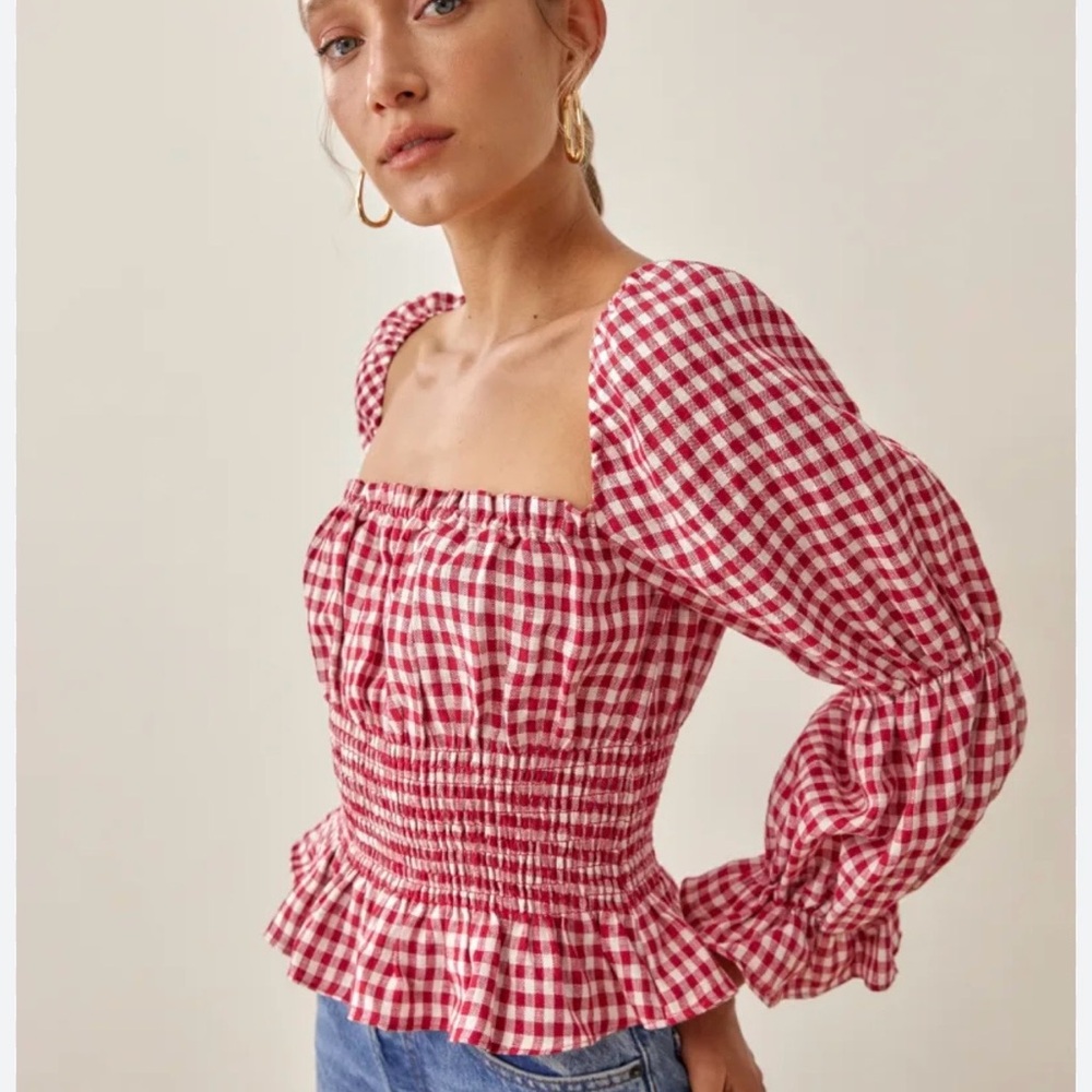 Reformation Red Gingham Smocked Women's Top